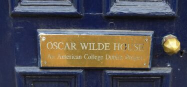 30th April 2020, Dublin, Ireland. 'Oscar Wilde House, An American College Dublin Project' door brass plaque on the door to Oscar Wilde House, Oscar Wilde's restored childhood home, on Merrion Square.